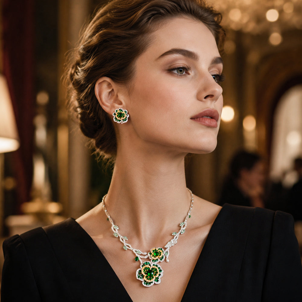 Vintage Botanical Flower Emerald Rhinestone Jewelry Set, Multi-Tone Floral Vine Necklace Earrings, Evening Banquet Pageant Women Accessories