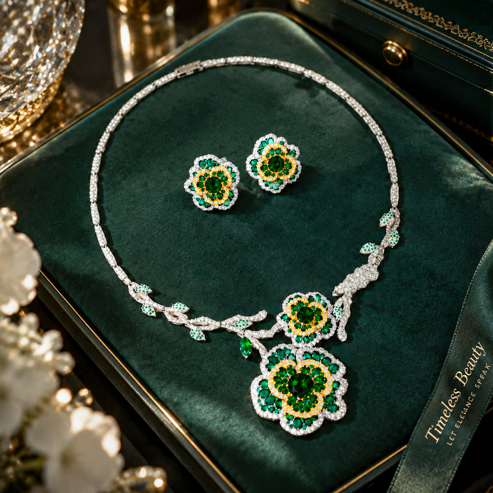 Vintage Botanical Flower Emerald Rhinestone Jewelry Set, Multi-Tone Floral Vine Necklace Earrings, Evening Banquet Pageant Women Accessories