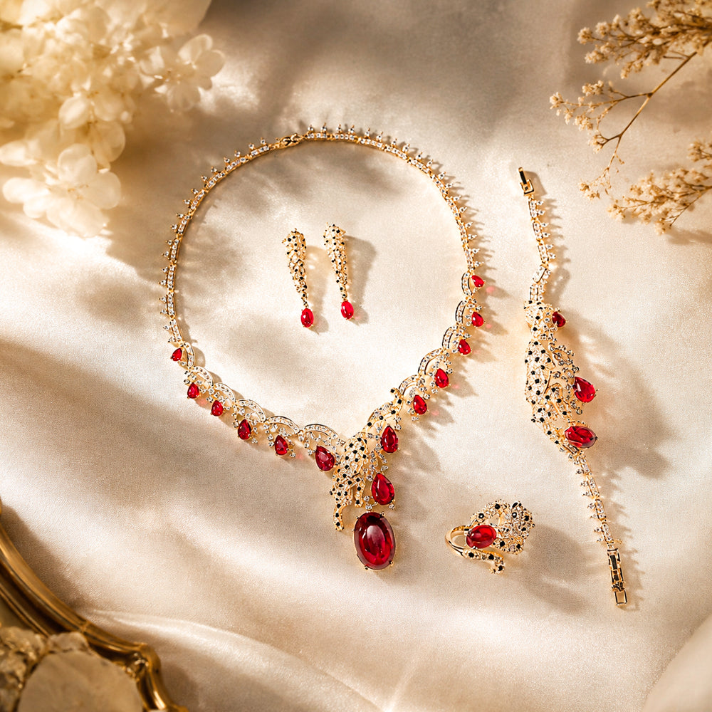 Vintage Panther Rhinestone Jewelry Set, Oval Ruby Leopard Animal Crystal Necklace Earrings Bracelet Ring, Evening Banquet Pageant Women Accessories