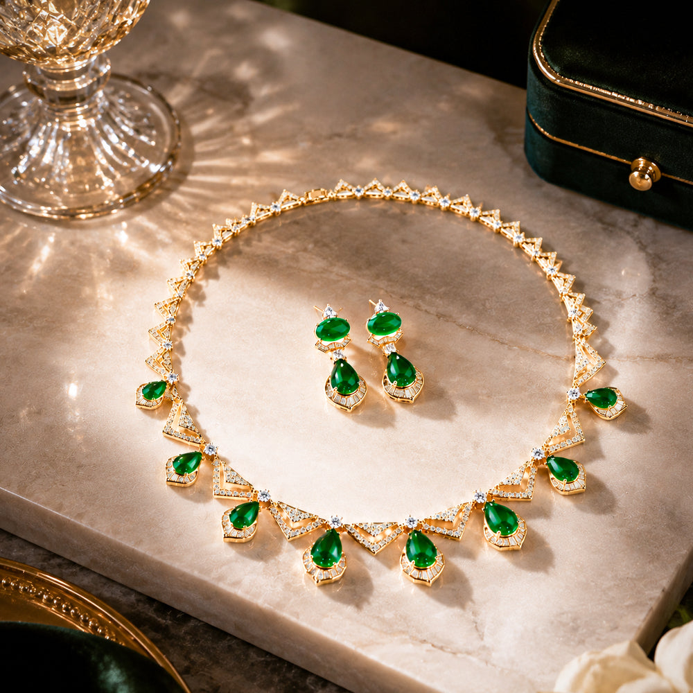 Gold Tone Teardrop Emerald Crystal Jewelry Set, Triangle Frame Zircon Necklace & Drop Earrings, Vintage Geometric Luxury Bridal Formal Statement Jewelry