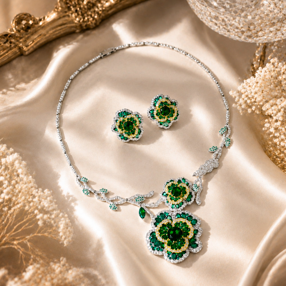 Vintage Botanical Flower Emerald Rhinestone Jewelry Set, Multi-Tone Floral Vine Necklace Earrings, Evening Banquet Pageant Women Accessories