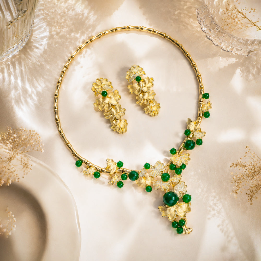 Vintage Oriental Ginkgo Leaf Rhinestone Jewelry Set, Round Green Gem Bamboo Choker Necklace Earrings, Cheongsam Evening Banquet Women Accessories