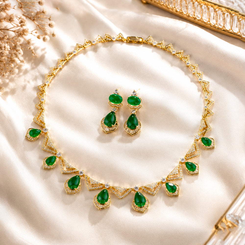 Gold Tone Teardrop Emerald Crystal Jewelry Set, Triangle Frame Zircon Necklace & Drop Earrings, Vintage Geometric Luxury Bridal Formal Statement Jewelry