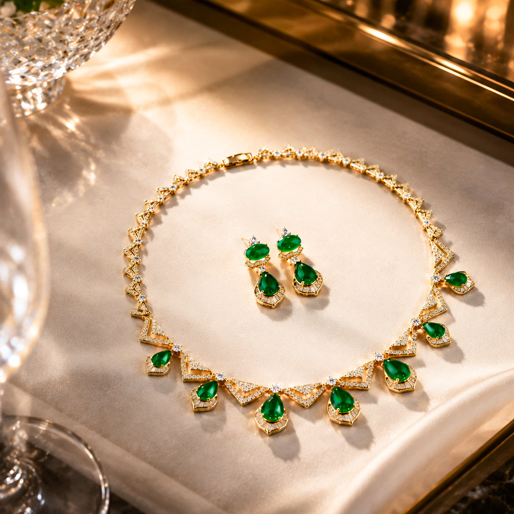 Gold Tone Teardrop Emerald Crystal Jewelry Set, Triangle Frame Zircon Necklace & Drop Earrings, Vintage Geometric Luxury Bridal Formal Statement Jewelry