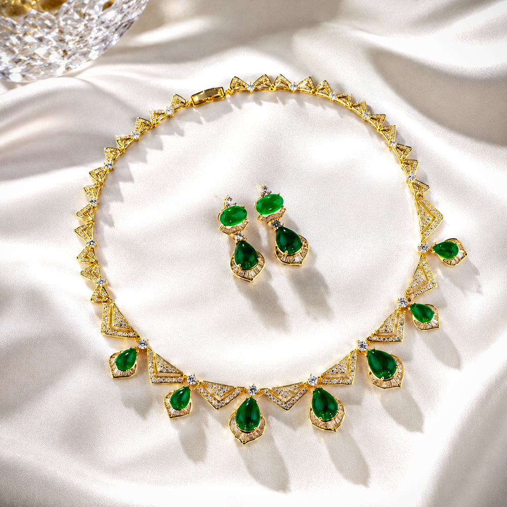 Gold Tone Teardrop Emerald Crystal Jewelry Set, Triangle Frame Zircon Necklace & Drop Earrings, Vintage Geometric Luxury Bridal Formal Statement Jewelry