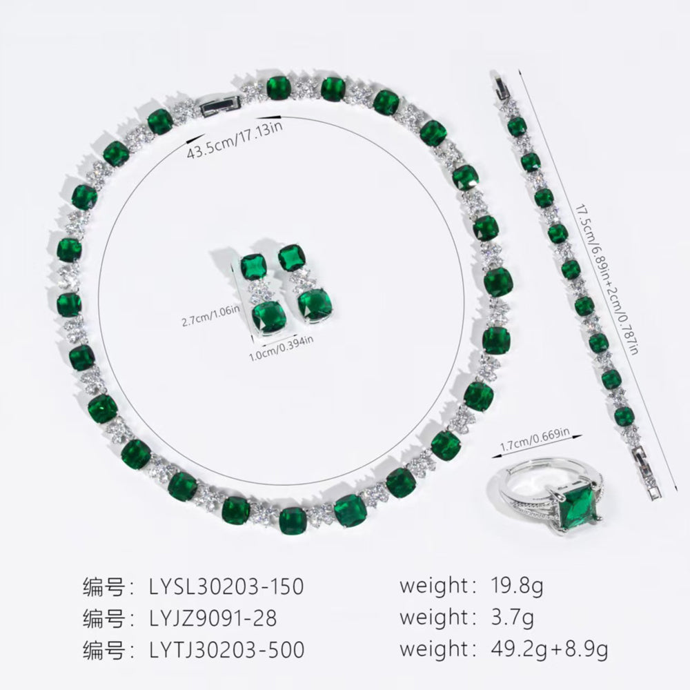 Vintage Emerald Green Rhinestone 4-Piece Jewelry Set, Cushion Square Gem Tennis Necklace Bracelet Earrings Ring, Evening Banquet Wedding Pageant Women Accessories
