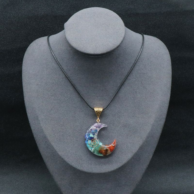 Multicolor Crushed Stone & Resin Moon Pendant – Natural Crystal Gemstone & Epoxy Resin Chakra Moon Necklace