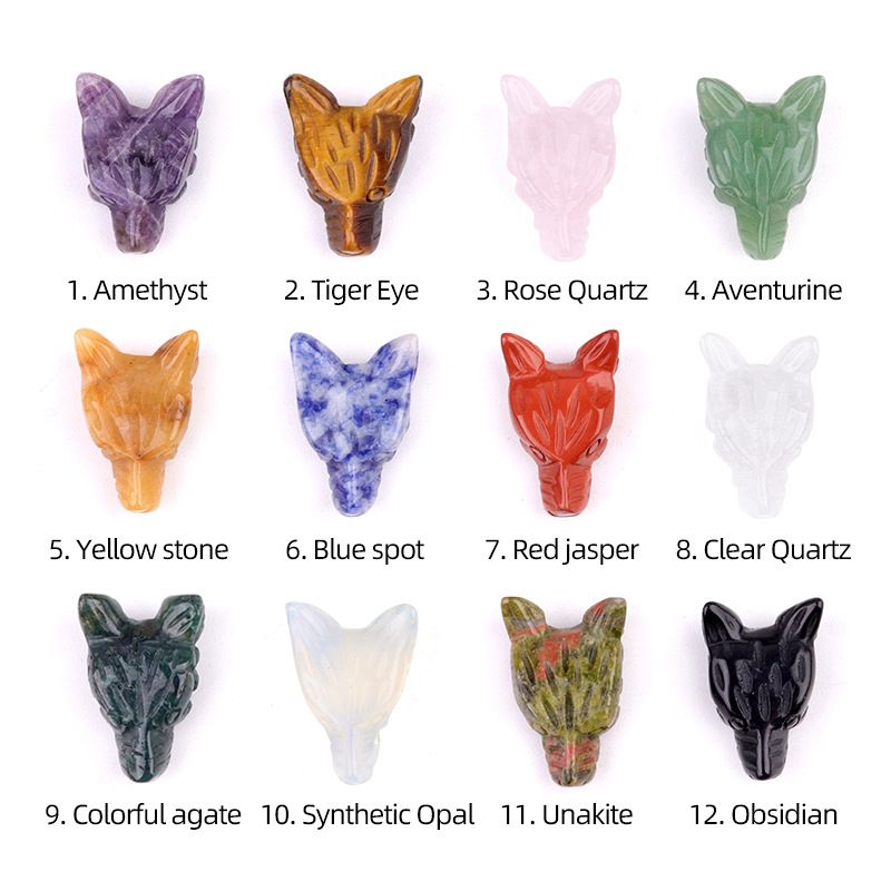 Hand-carved wolf head figurine made of natural amethyst, rose quartz, and tiger's eye—small animal ornament.
