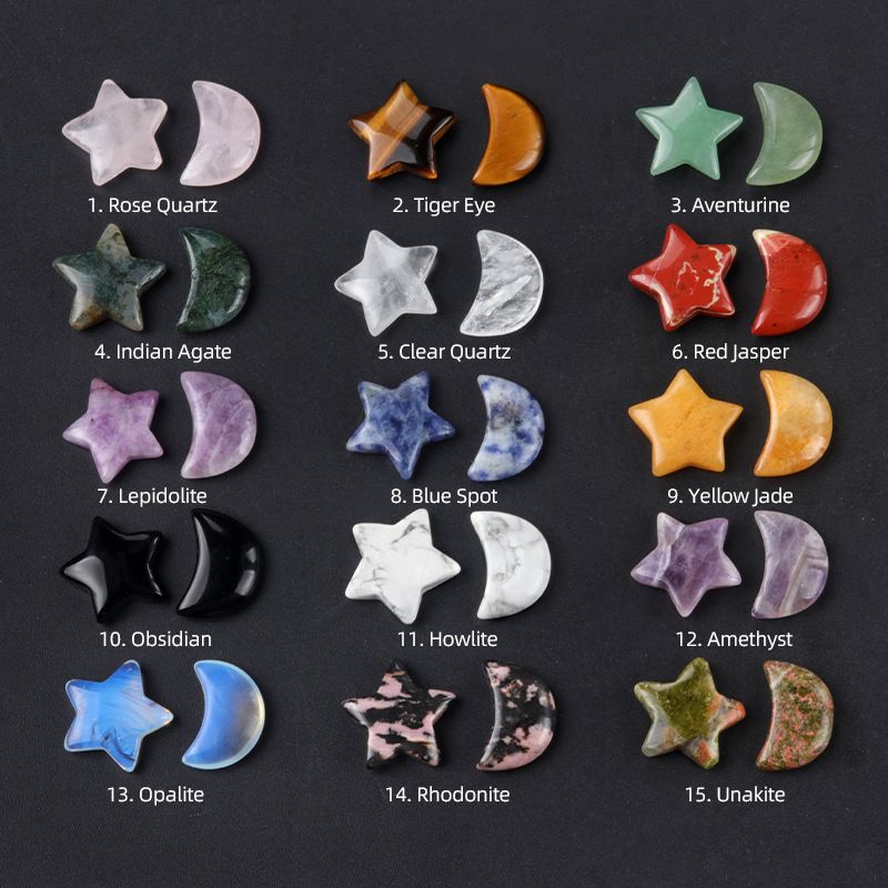 Natural crystal, agate, and semi-precious stone 20mm five-pointed star, star, and moon decorative accessories (undrilled)