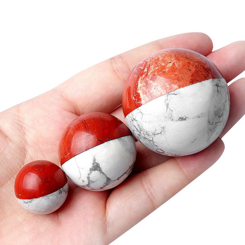 Natural White Pine and Red Jasper Composite Sphere – A Magical Fidget Sphere / Dual-Color Semi-Precious Stone Ball (Red & White)
