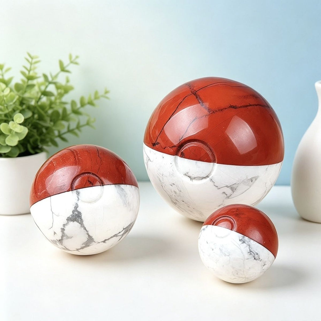 Natural White Pine and Red Jasper Composite Sphere – A Magical Fidget Sphere / Dual-Color Semi-Precious Stone Ball (Red & White)