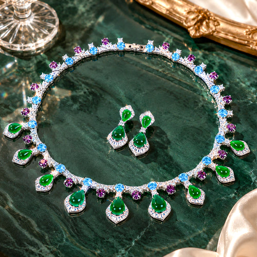 Emerald Gemstone Jewelry Set Handcrafted Cubic Zirconia Necklace Earrings Set Wedding Banquet Gala Evening Party Statement Jewelry for Women