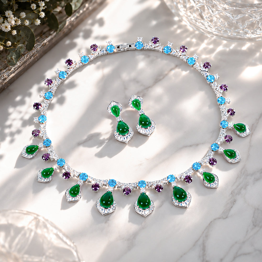 Emerald Gemstone Jewelry Set Handcrafted Cubic Zirconia Necklace Earrings Set Wedding Banquet Gala Evening Party Statement Jewelry for Women