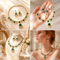 Emerald Green Statement Necklace and Earrings Set, Gold Tone Crystal Jewelry, Elegant Bridal Gift for Her