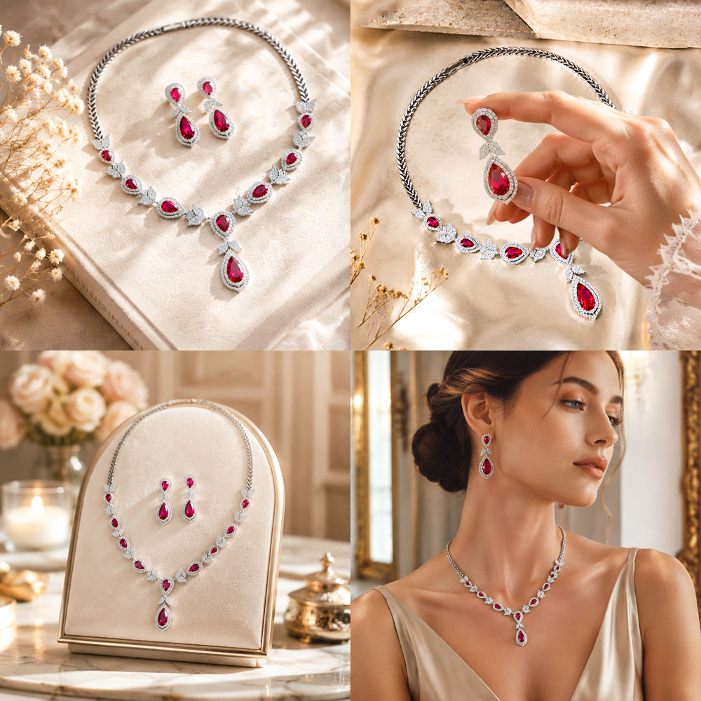 Vintage Teardrop Ruby Cubic Zirconia Jewelry Set, Silver Tone Red Gemstone Drop Earrings & Pendant Necklace, Formal Banquet Wedding Bridal Accessories Gift for Her