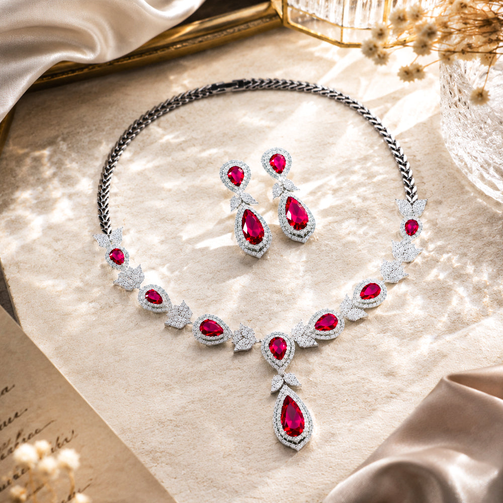Vintage Teardrop Ruby Cubic Zirconia Jewelry Set, Silver Tone Red Gemstone Drop Earrings & Pendant Necklace, Formal Banquet Wedding Bridal Accessories Gift for Her