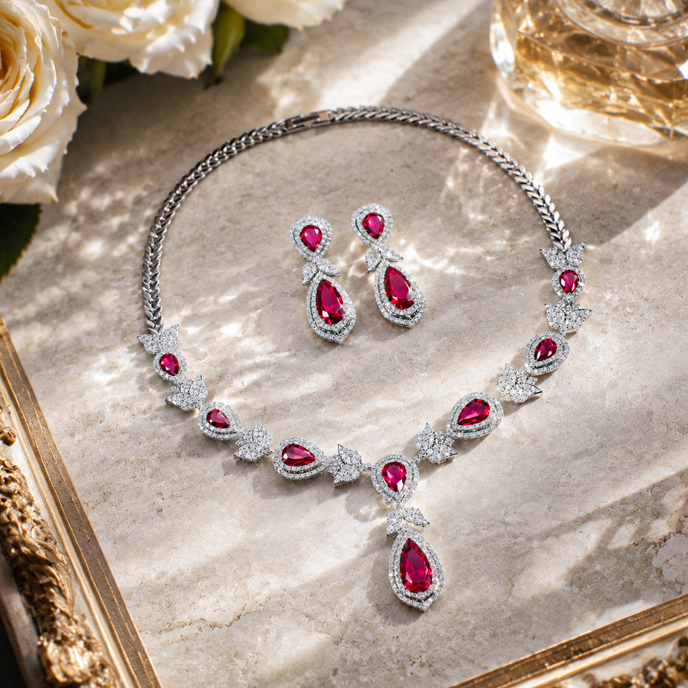 Vintage Teardrop Ruby Cubic Zirconia Jewelry Set, Silver Tone Red Gemstone Drop Earrings & Pendant Necklace, Formal Banquet Wedding Bridal Accessories Gift for Her
