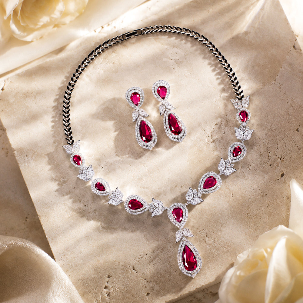 Vintage Teardrop Ruby Cubic Zirconia Jewelry Set, Silver Tone Red Gemstone Drop Earrings & Pendant Necklace, Formal Banquet Wedding Bridal Accessories Gift for Her
