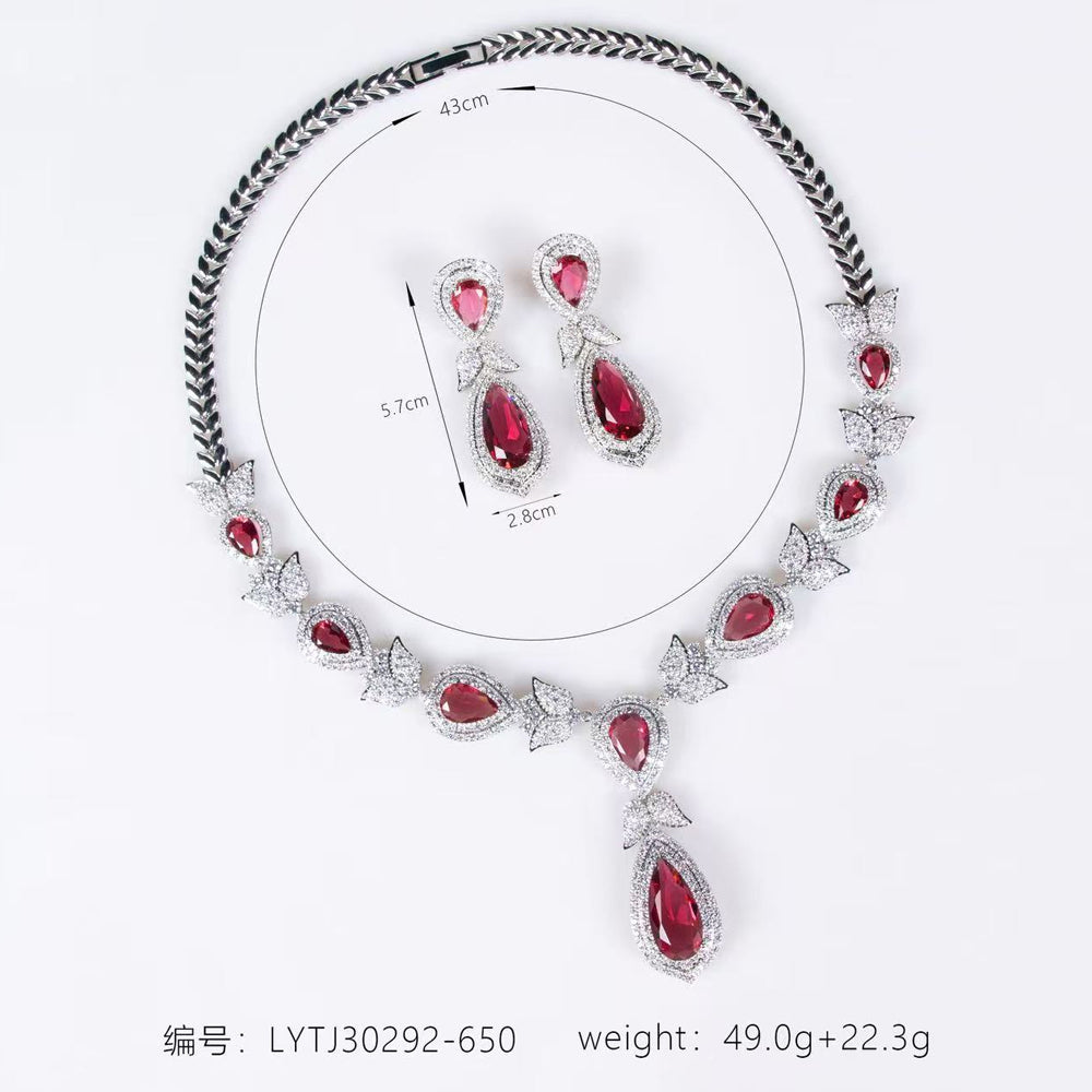 Vintage Teardrop Ruby Cubic Zirconia Jewelry Set, Silver Tone Red Gemstone Drop Earrings & Pendant Necklace, Formal Banquet Wedding Bridal Accessories Gift for Her