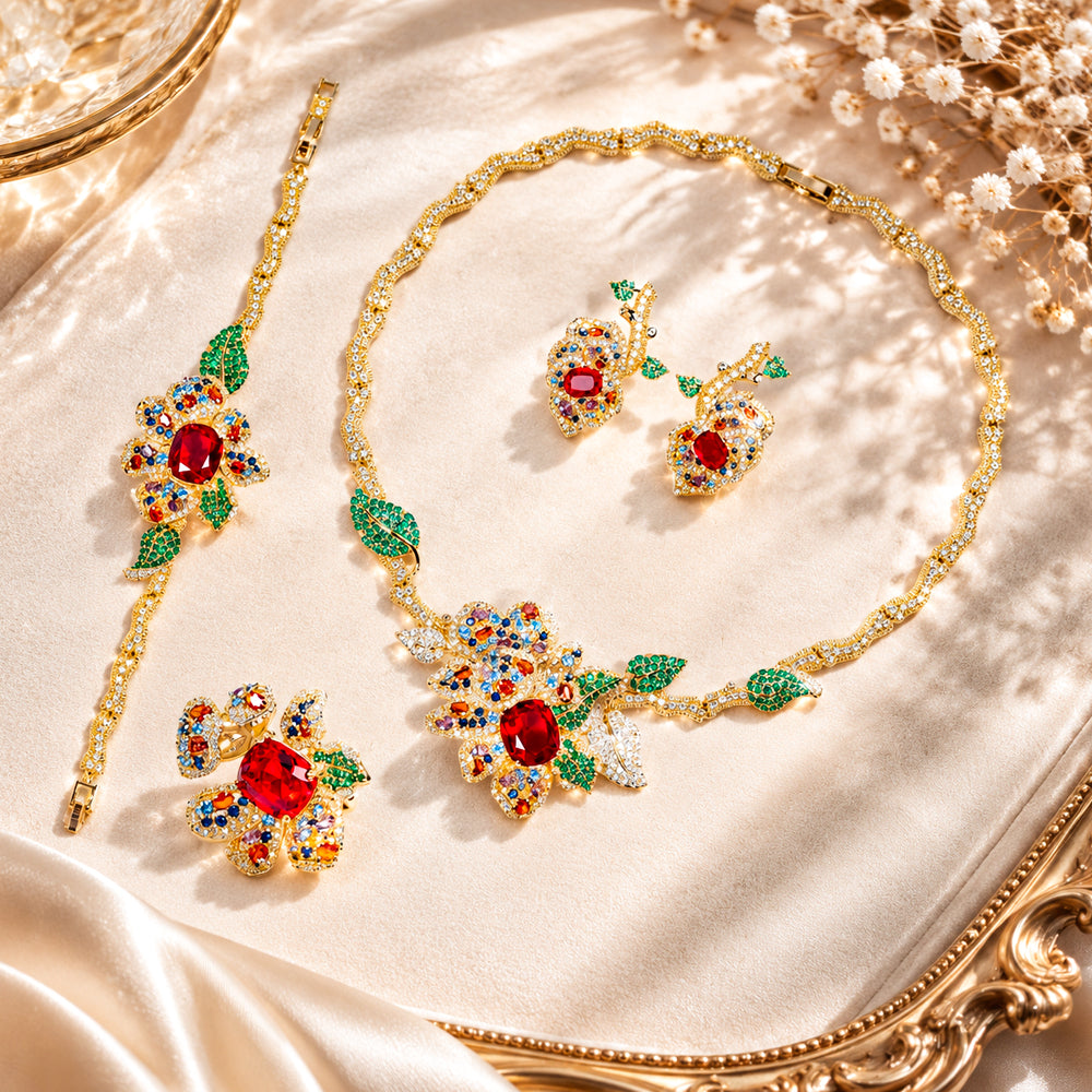 Gold Tone Floral Multi Color Gemstone 4Pcs Jewelry Set, Vintage Flower Leaf Red Center Stone Necklace Earrings Bracelet Brooch Women Formal Wedding Statement Jewellery