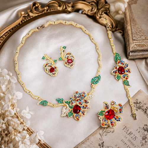 Gold Tone Floral Multi Color Gemstone 4Pcs Jewelry Set, Vintage Flower Leaf Red Center Stone Necklace Earrings Bracelet Brooch Women Formal Wedding Statement Jewellery