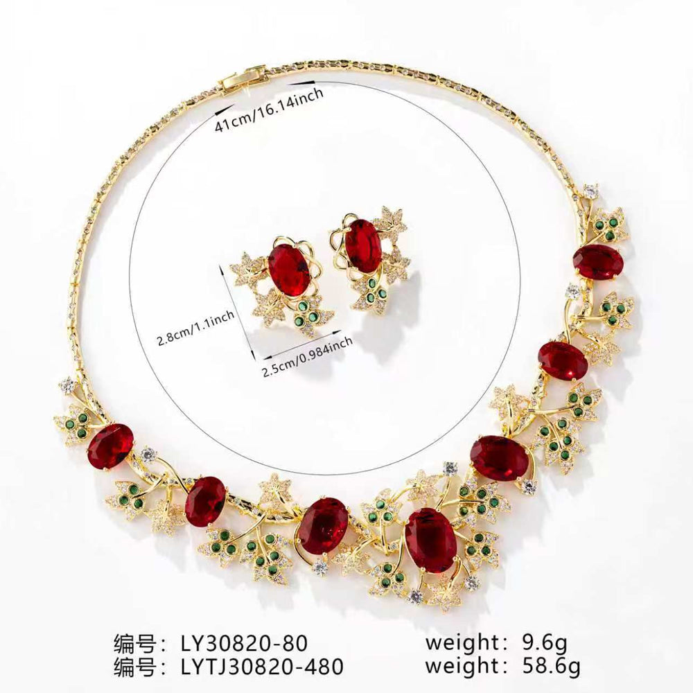 Luxury Gold Tone Botanical Vine Ruby Cubic Zirconia Jewelry Set, Nature Inspired Leaf Branch Oval Red Gemstone Necklace and Stud Earrings, Formal Banquet Bridal Jewellery Gift for Her