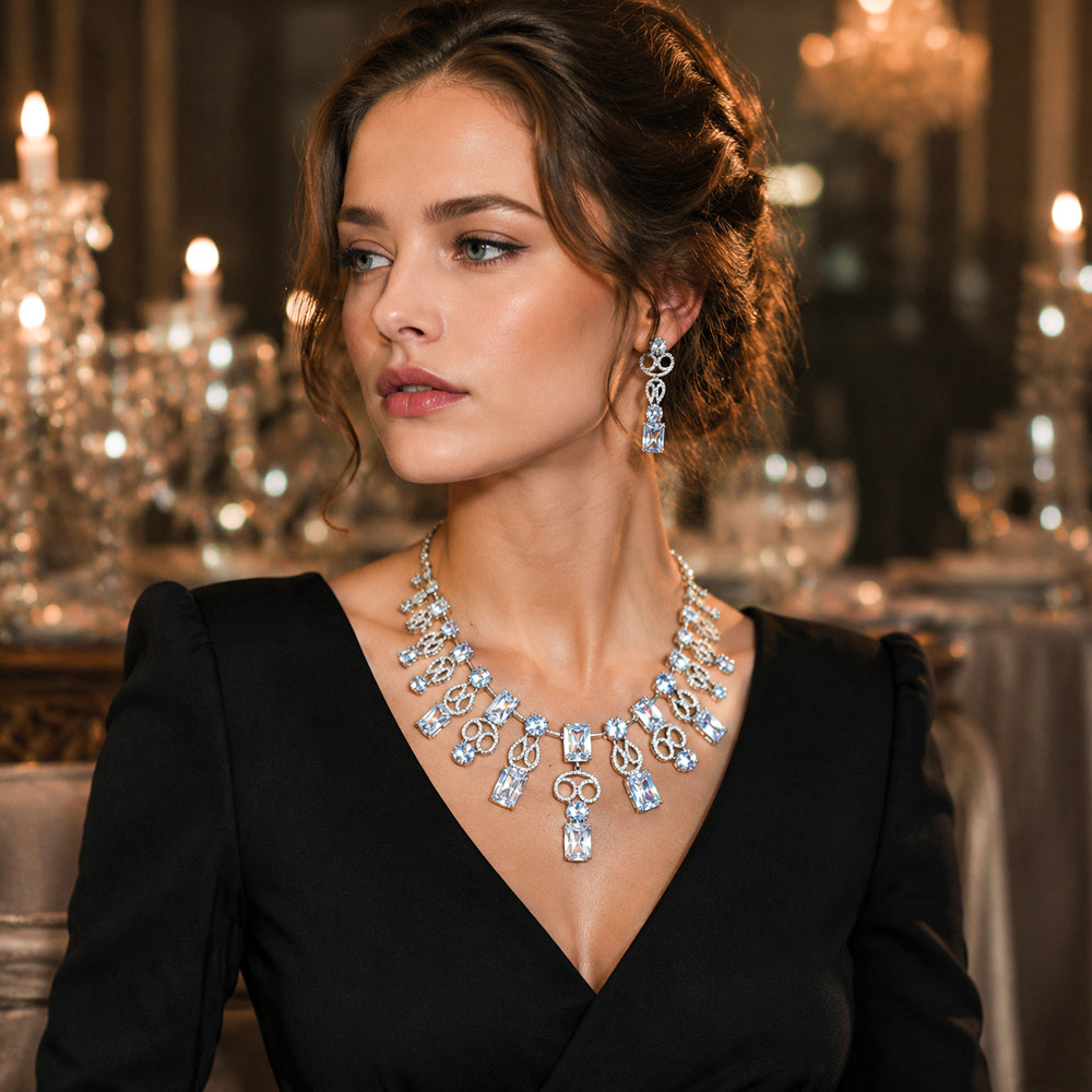 Emerald Crystal Fringe Jewelry Set, Rectangle Green Gem Cascading Necklace & Drop Earrings, Luxury Bridal Formal Statement Jewelry