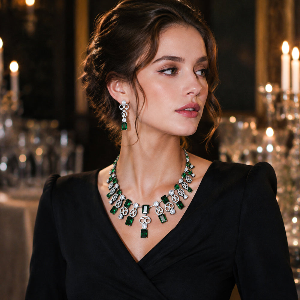 Emerald Crystal Fringe Jewelry Set, Rectangle Green Gem Cascading Necklace & Drop Earrings, Luxury Bridal Formal Statement Jewelry