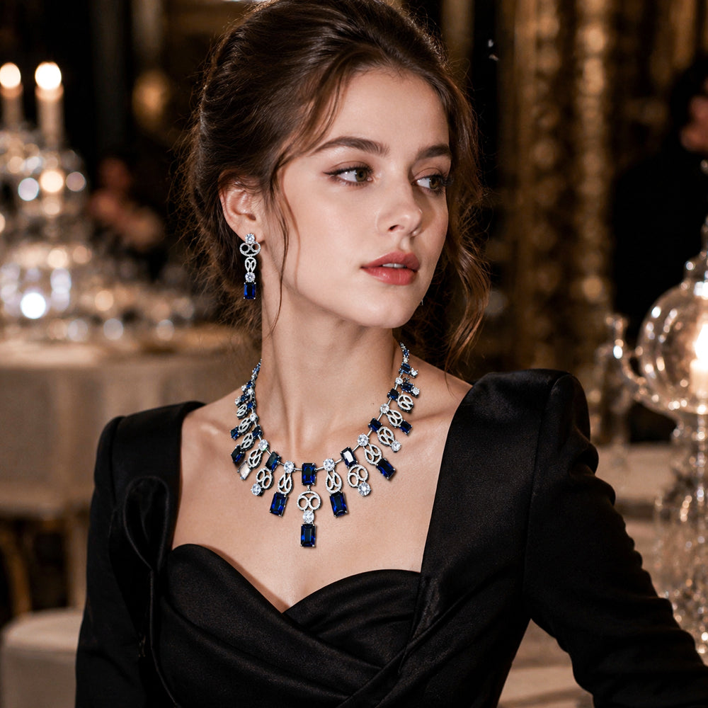Emerald Crystal Fringe Jewelry Set, Rectangle Green Gem Cascading Necklace & Drop Earrings, Luxury Bridal Formal Statement Jewelry