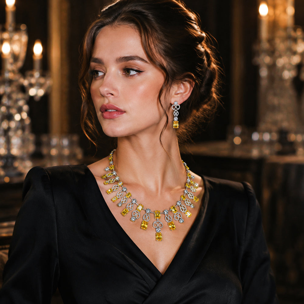 Emerald Crystal Fringe Jewelry Set, Rectangle Green Gem Cascading Necklace & Drop Earrings, Luxury Bridal Formal Statement Jewelry