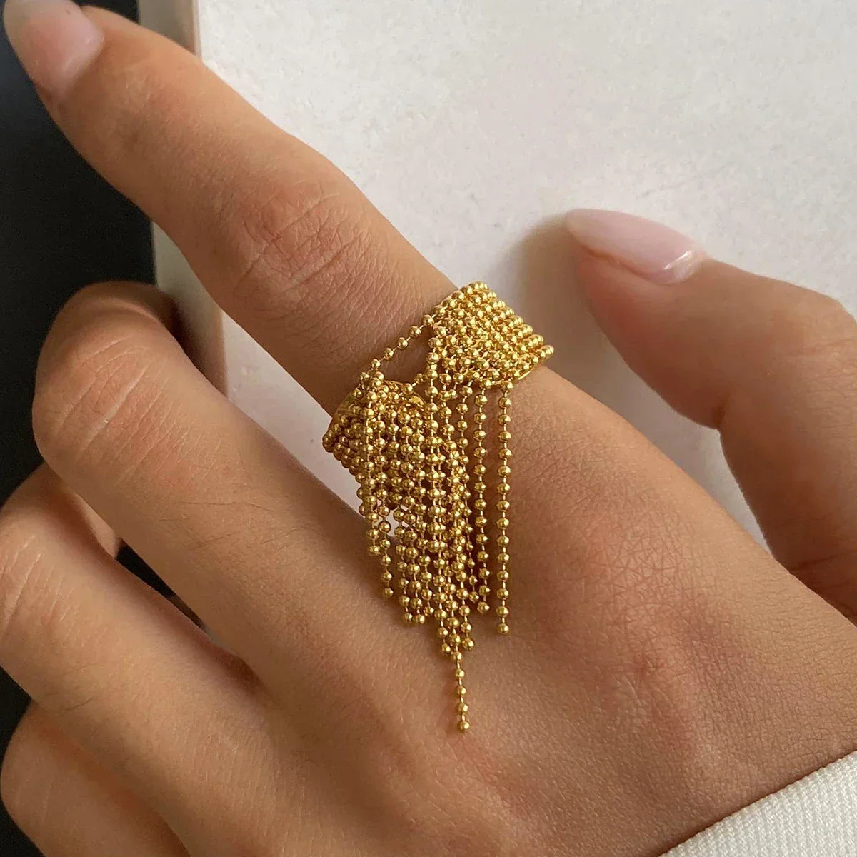 18K Gold Tassel Statement Adjustable Ring