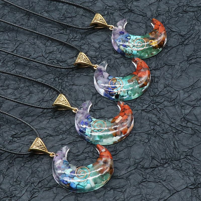 Multicolor Crushed Stone & Resin Moon Pendant – Natural Crystal Gemstone & Epoxy Resin Chakra Moon Necklace