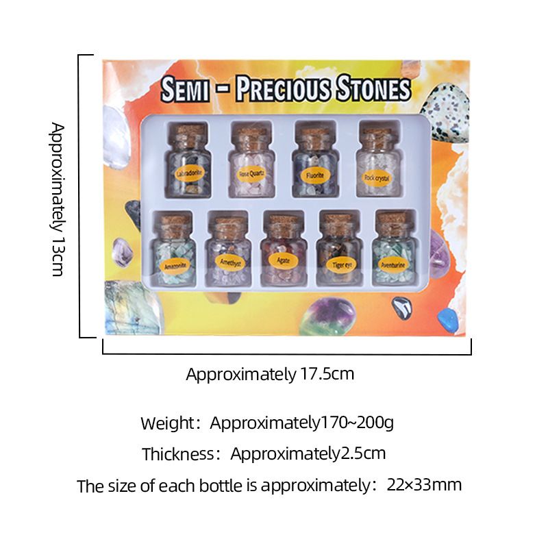Drift Bottle Mineral Specimen Set with Demagnetizing Crystal Chips and Mineral Display Piece