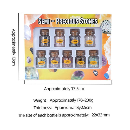 Drift Bottle Mineral Specimen Set with Demagnetizing Crystal Chips and Mineral Display Piece