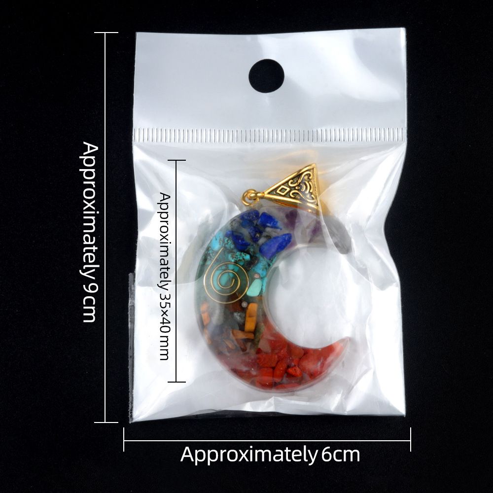 Multicolor Crushed Stone & Resin Moon Pendant – Natural Crystal Gemstone & Epoxy Resin Chakra Moon Necklace