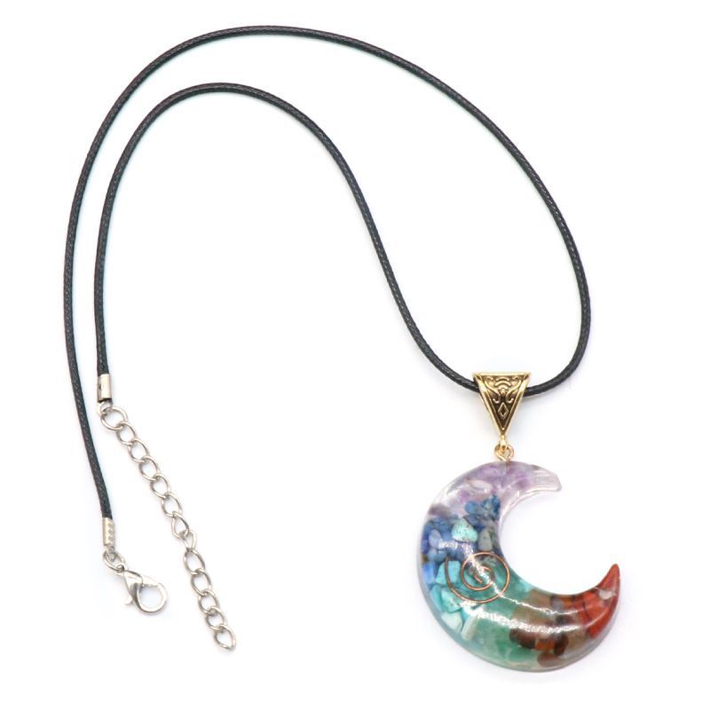 Multicolor Crushed Stone & Resin Moon Pendant – Natural Crystal Gemstone & Epoxy Resin Chakra Moon Necklace