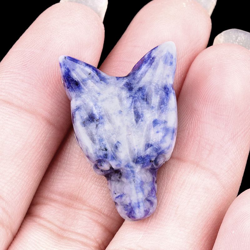Hand-carved wolf head figurine made of natural amethyst, rose quartz, and tiger's eye—small animal ornament.