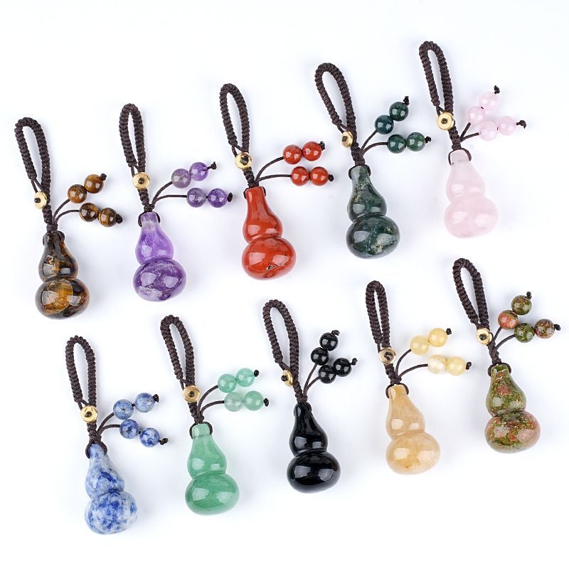 Natural Crystal Gourd Keychain/Charm – DIY Braided Cord Accessory for Cars, Bags, and Decor (Jade & Agate Gourd)