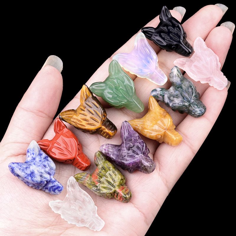 Hand-carved wolf head figurine made of natural amethyst, rose quartz, and tiger's eye—small animal ornament.