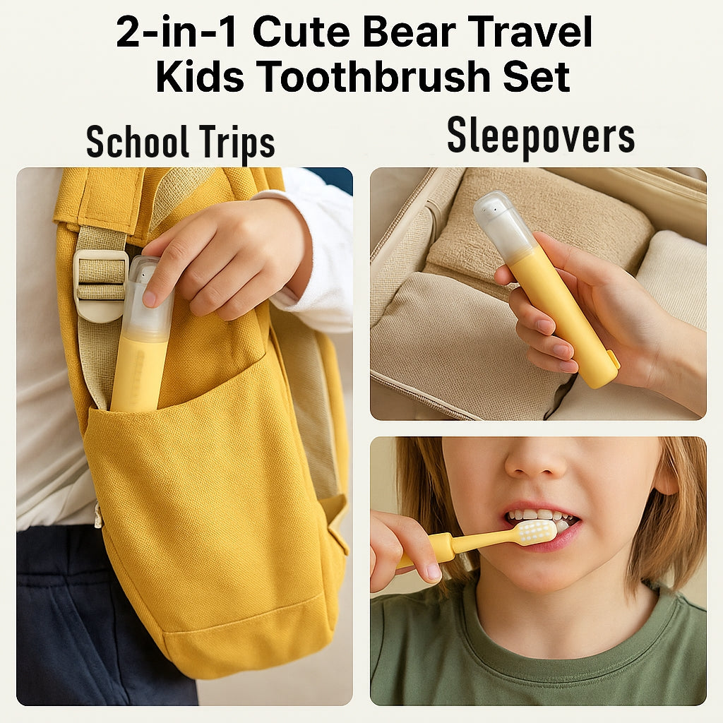 2in1 Cute Bear Travel Kids Toothbrush Set